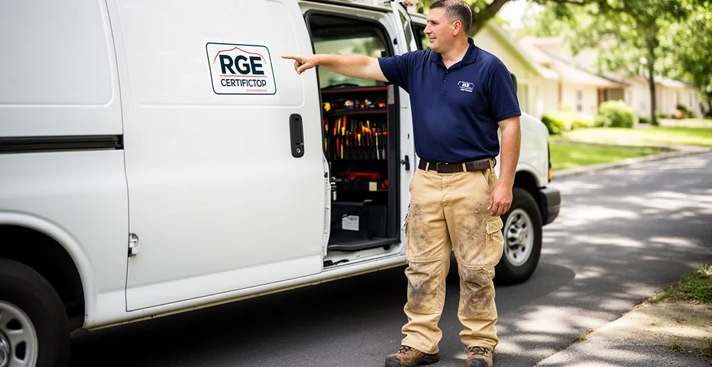 Artisan présentant son badge de certification sur son véhicule professionnel