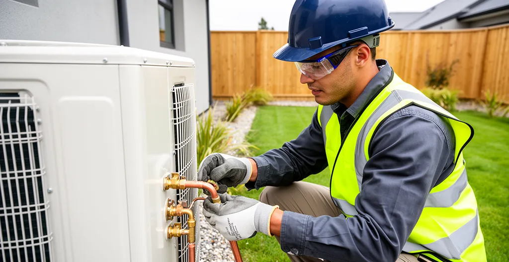 Technicien raccordant les tuyaux d'une unité extérieure de pompe à chaleur
