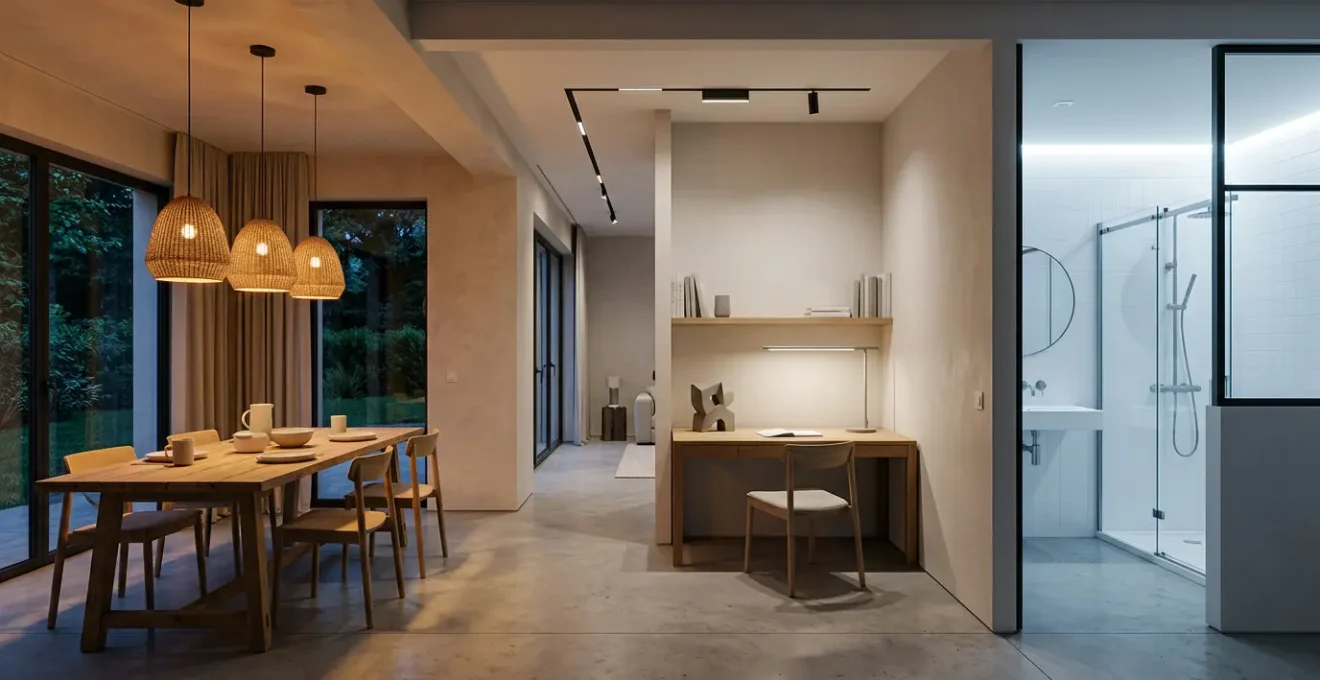 Intérieur moderne montrant différentes ambiances lumineuses LED selon les pièces de la maison