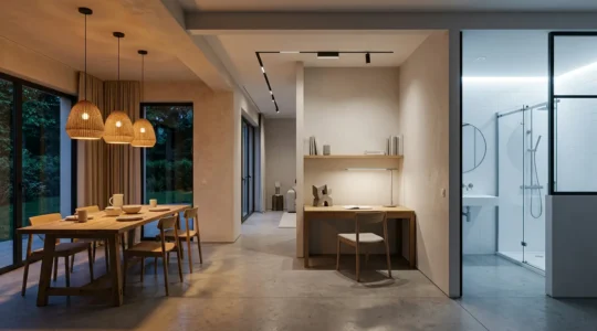 Intérieur moderne montrant différentes ambiances lumineuses LED selon les pièces de la maison