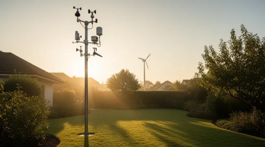 Anémomètre professionnel installé dans un jardin résidentiel avec une petite éolienne domestique visible en arrière-plan