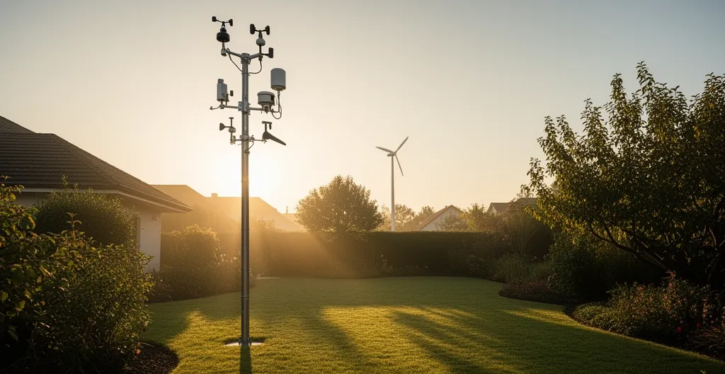 Anémomètre professionnel installé dans un jardin résidentiel avec une petite éolienne domestique visible en arrière-plan