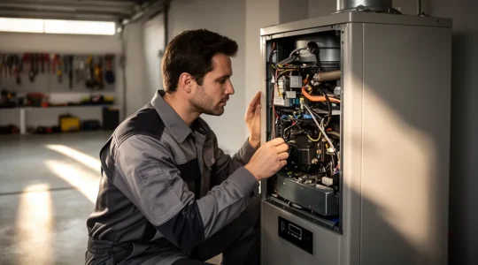 Professionnel inspectant un ballon thermodynamique dans un garage moderne