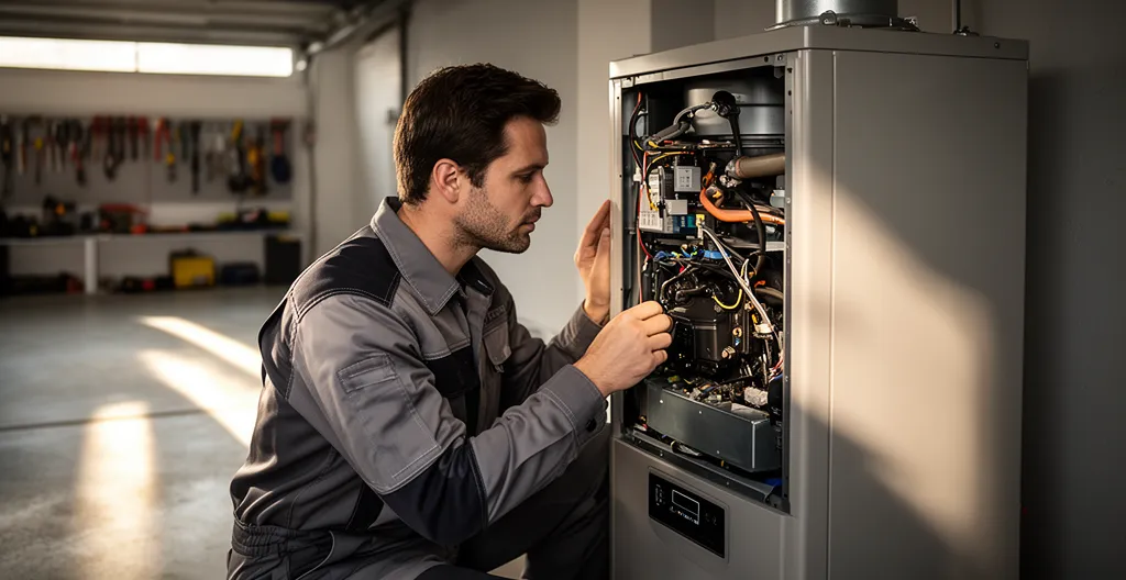 Professionnel inspectant un ballon thermodynamique dans un garage moderne