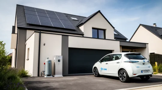 Vue moderne d'une maison avec compresseur GNV intégré et voiture hybride gaz dans l'allée