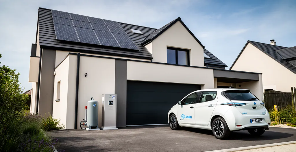 Vue moderne d'une maison avec compresseur GNV intégré et voiture hybride gaz dans l'allée