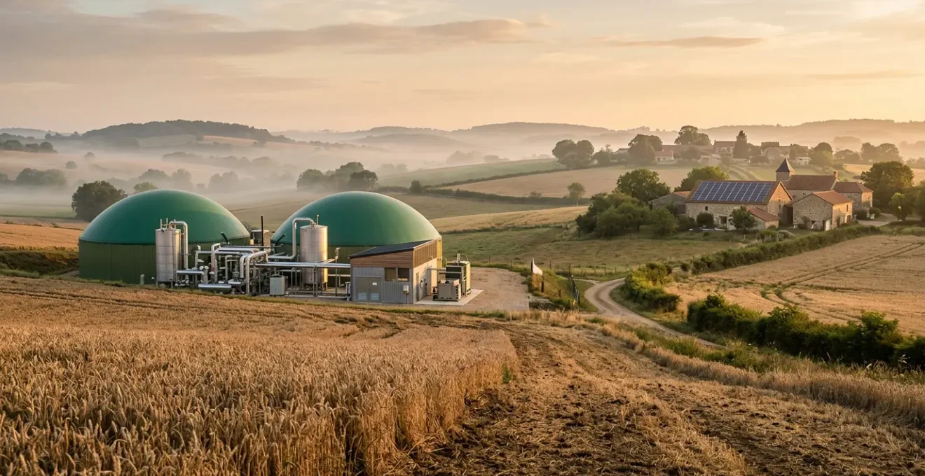 Méthaniseur agricole moderne dans la campagne française avec système de chauffage domestique