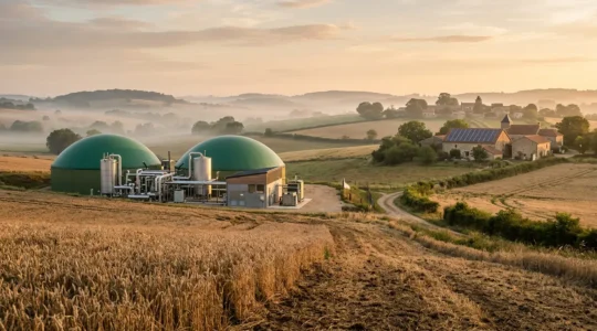 Méthaniseur agricole moderne dans la campagne française avec système de chauffage domestique