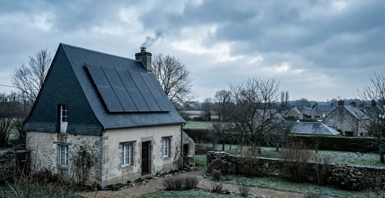 Capteurs solaires thermiques installés sur le toit d'une maison traditionnelle du Nord de la France sous un ciel d'hiver