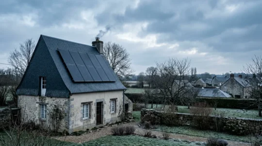 Capteurs solaires thermiques installés sur le toit d'une maison traditionnelle du Nord de la France sous un ciel d'hiver