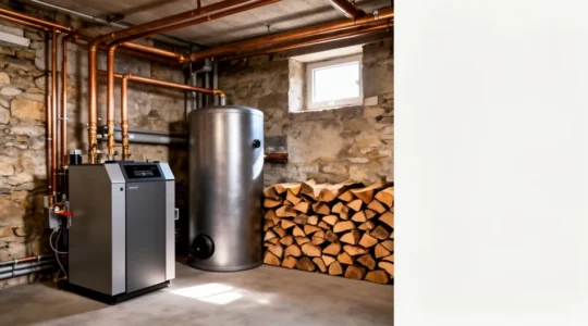 Vue intérieure d'une chaufferie moderne avec chaudière à bûches et ballon tampon dans une maison française