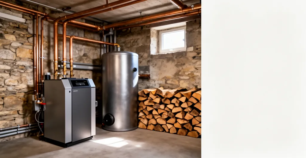 Vue intérieure d'une chaufferie moderne avec chaudière à bûches et ballon tampon dans une maison française