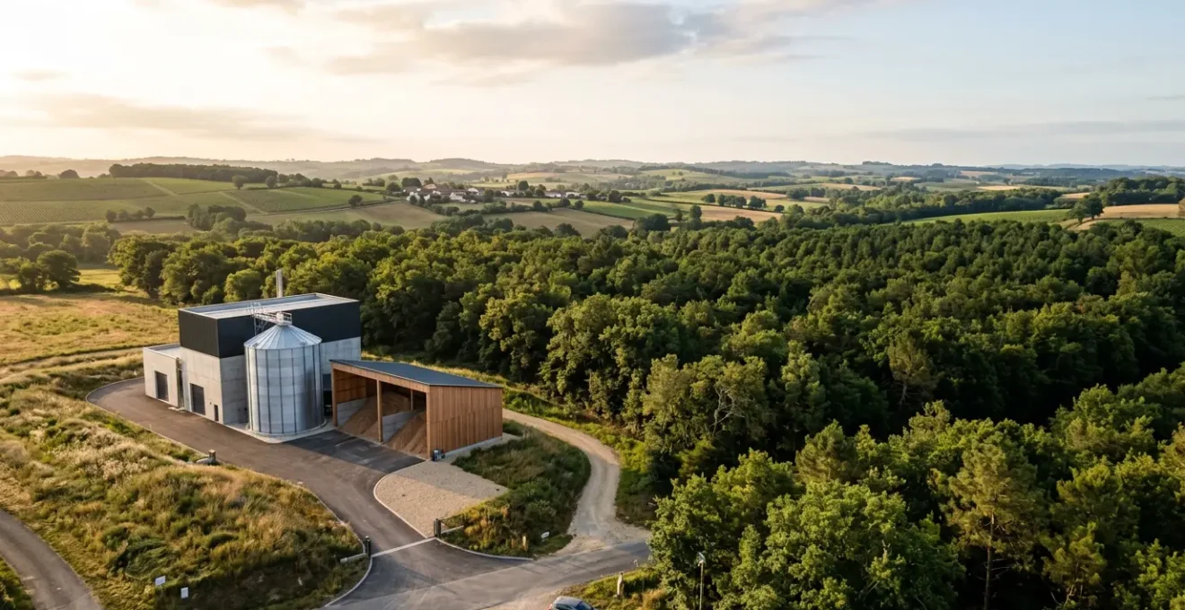 Vue d'ensemble d'une chaufferie biomasse moderne avec silo de stockage dans un environnement rural français