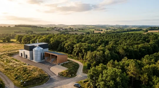 Vue d'ensemble d'une chaufferie biomasse moderne avec silo de stockage dans un environnement rural français