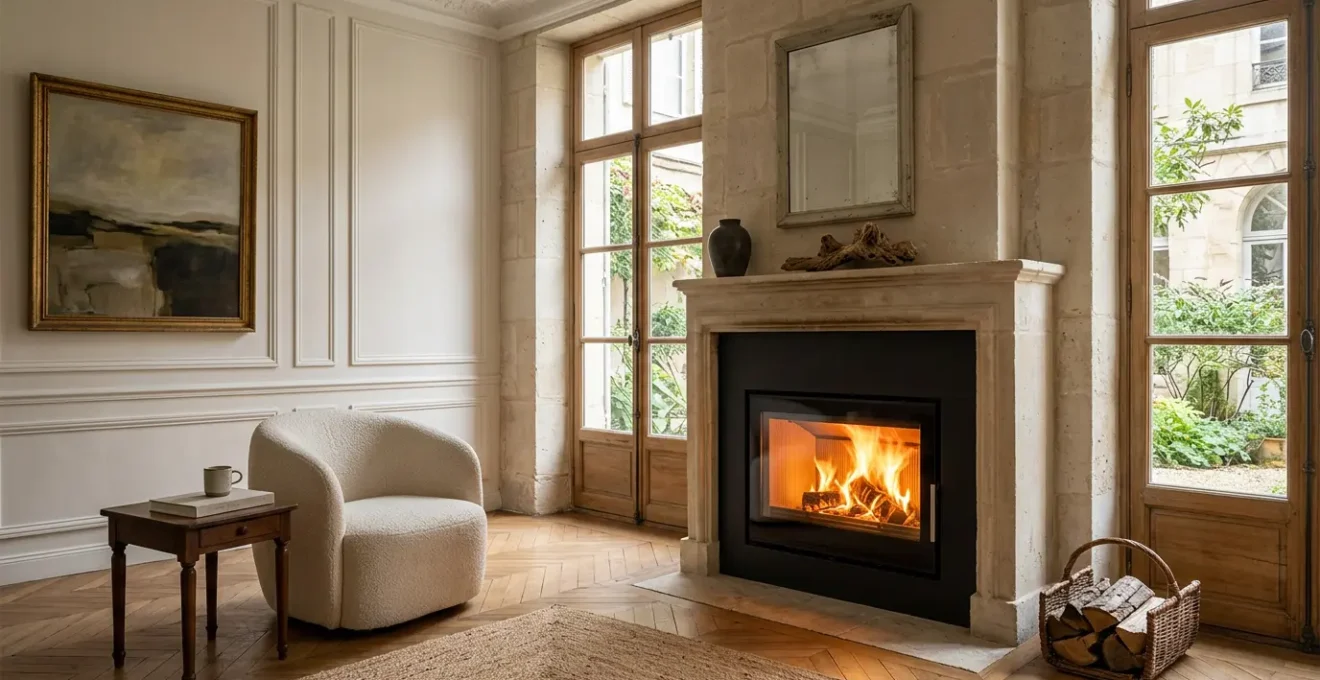 Insert de cheminée moderne dans un salon français avec vue sur les flammes à travers la vitre