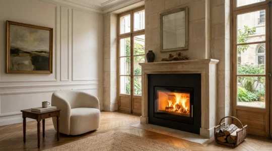 Insert de cheminée moderne dans un salon français avec vue sur les flammes à travers la vitre