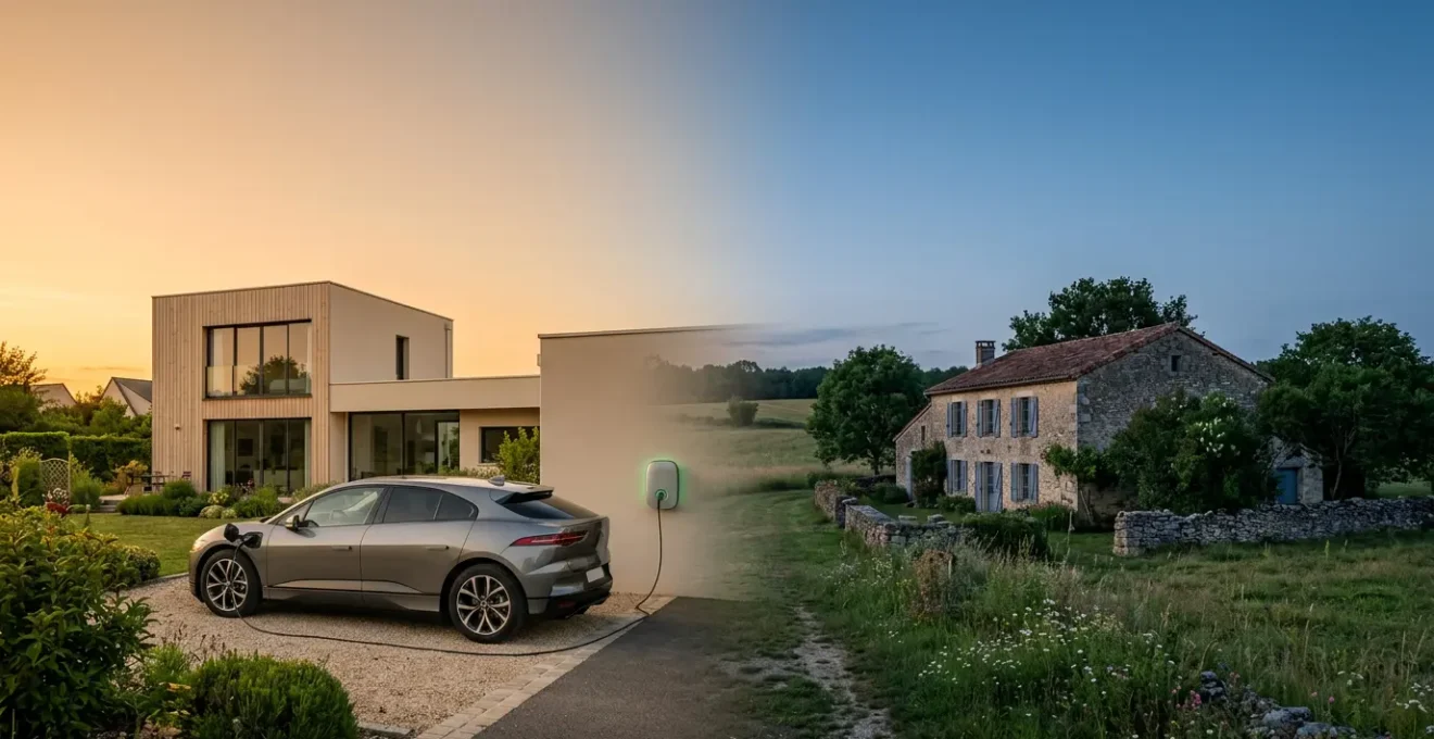 Vue divisée montrant d'un côté une voiture électrique moderne branchée à une borne de recharge dans une allée résidentielle au crépuscule, et de l'autre côté une maison de vacances pittoresque avec ses volets fermés dans la campagne française.