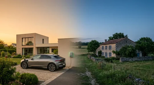 Vue divisée montrant d'un côté une voiture électrique moderne branchée à une borne de recharge dans une allée résidentielle au crépuscule, et de l'autre côté une maison de vacances pittoresque avec ses volets fermés dans la campagne française.