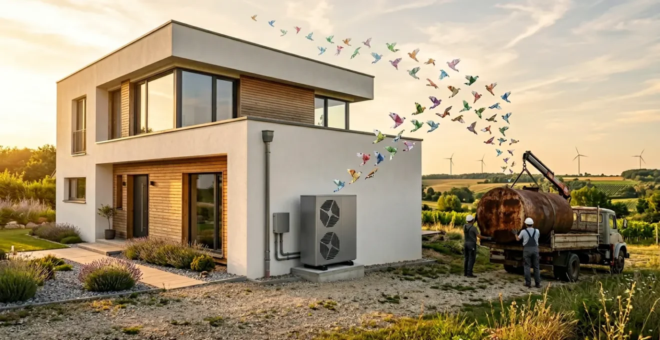 Vue moderne d'une maison française avec installation de pompe à chaleur et symboles d'économie d'énergie