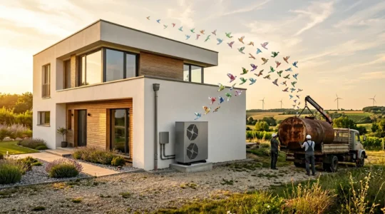 Vue moderne d'une maison française avec installation de pompe à chaleur et symboles d'économie d'énergie