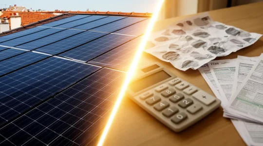 Installation de panneaux solaires sur toit avec documents fiscaux et calculatrice en premier plan