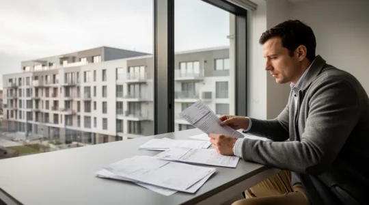 Propriétaire analysant des documents fiscaux avec un immeuble rénové en arrière-plan