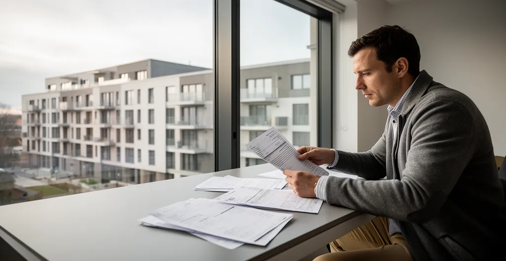 Propriétaire analysant des documents fiscaux avec un immeuble rénové en arrière-plan