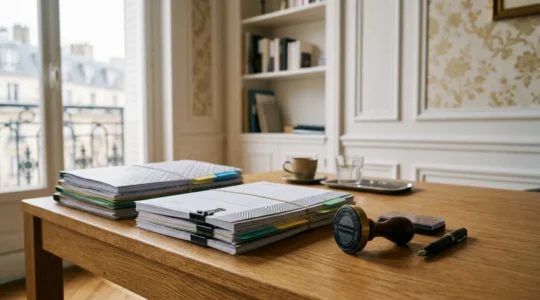 Dossier administratif avec tampon de validation de l'Anah sur un bureau en bois