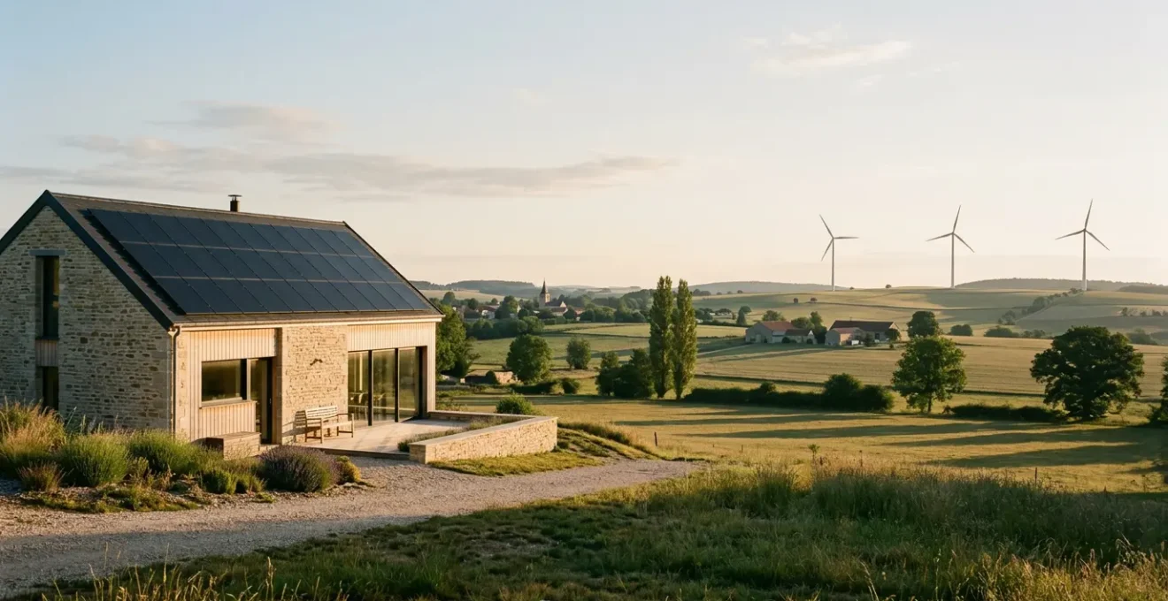 Paysage montrant une maison moderne avec panneaux solaires, éoliennes en arrière-plan et symboles d'énergie verte