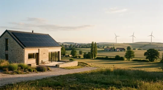 Paysage montrant une maison moderne avec panneaux solaires, éoliennes en arrière-plan et symboles d'énergie verte