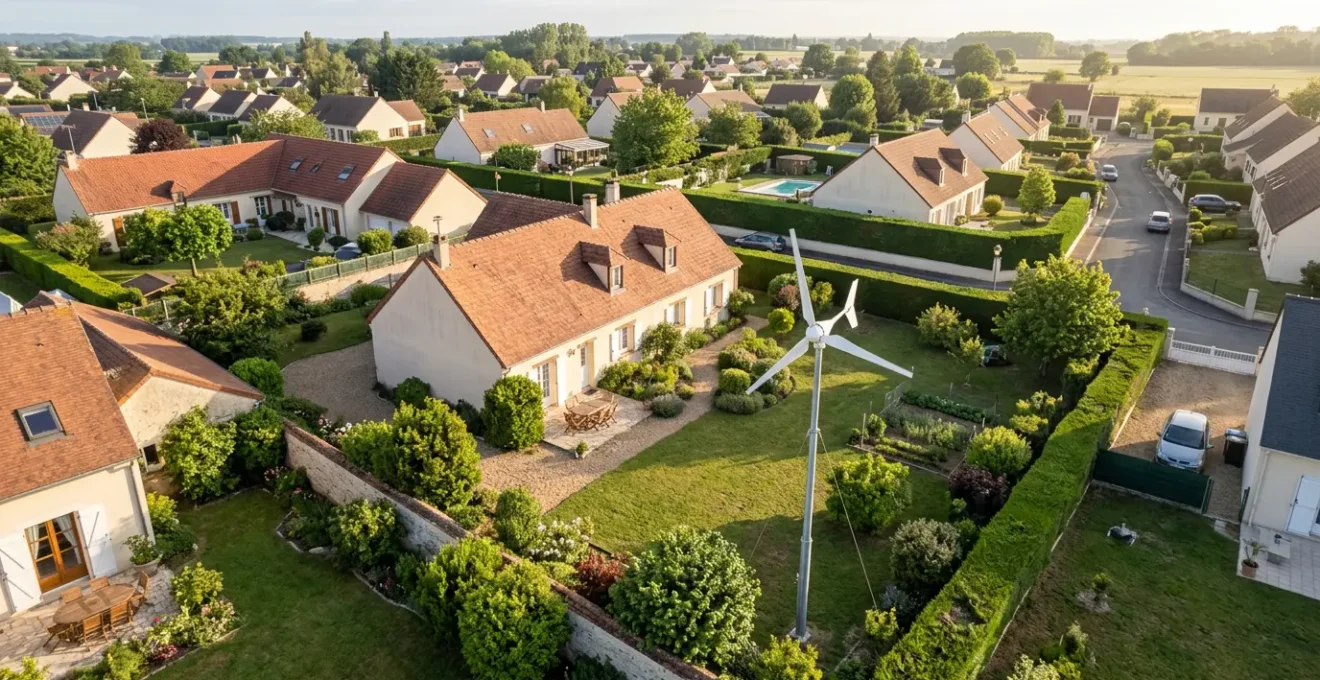 Vue aérienne d'une éolienne domestique dans un jardin résidentiel français avec indication visuelle des distances légales