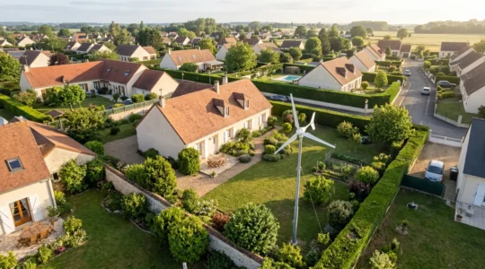 Vue aérienne d'une éolienne domestique dans un jardin résidentiel français avec indication visuelle des distances légales