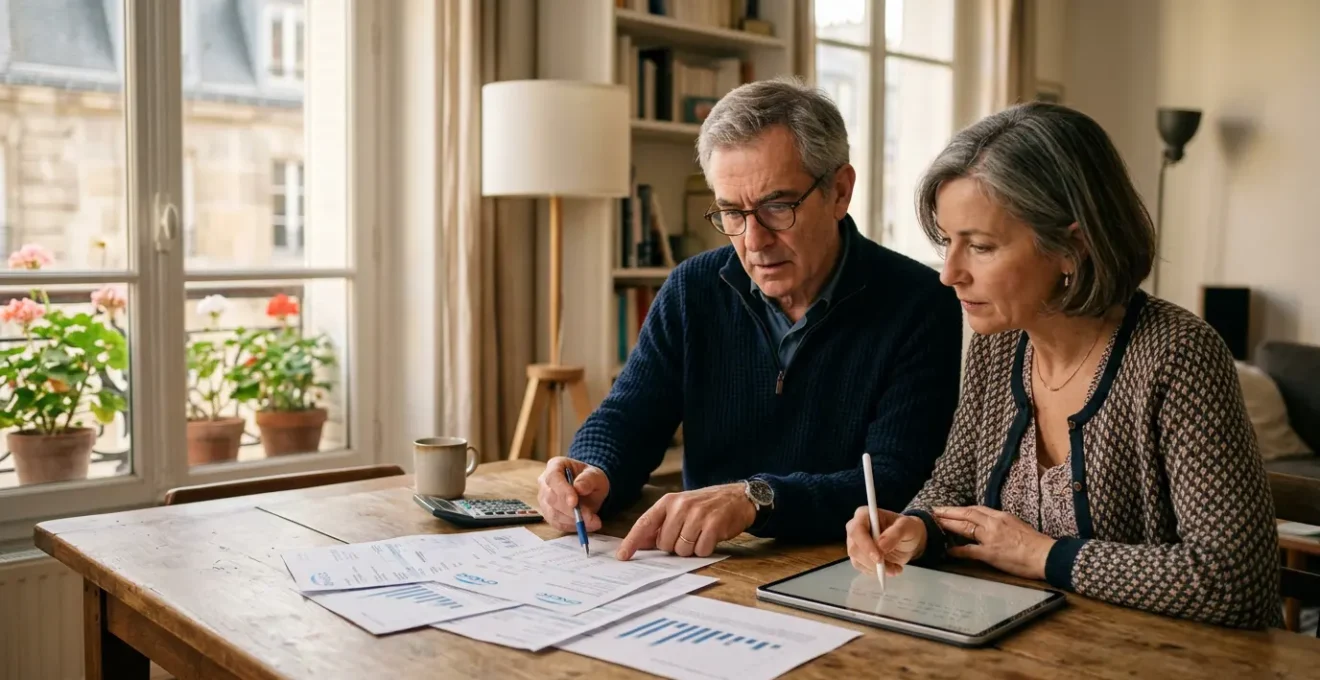 Couple examinant des factures de gaz avec calculatrice et ordinateur portable dans un salon lumineux