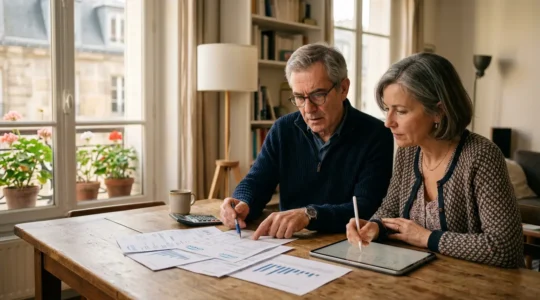 Couple examinant des factures de gaz avec calculatrice et ordinateur portable dans un salon lumineux