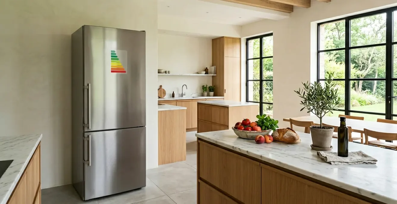 Réfrigérateur moderne avec étiquette énergie colorée dans une cuisine française lumineuse et épurée