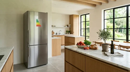 Réfrigérateur moderne avec étiquette énergie colorée dans une cuisine française lumineuse et épurée