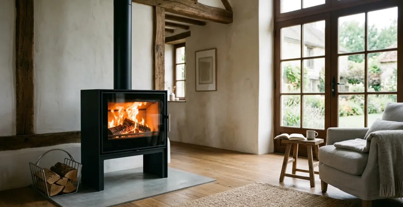 Poêle à bois moderne certifié Flamme Verte 7 étoiles dans un intérieur français contemporain