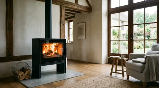 Poêle à bois moderne certifié Flamme Verte 7 étoiles dans un intérieur français contemporain