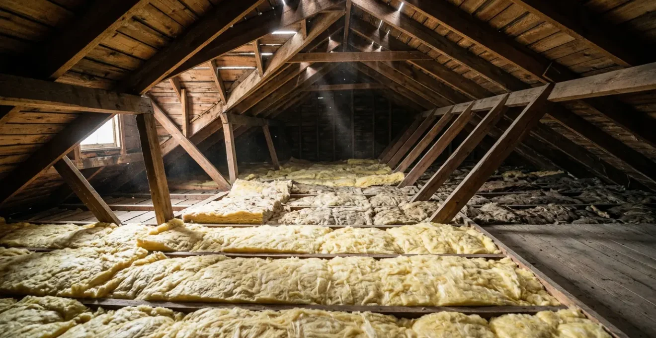Vue en coupe de combles perdus montrant l'état de l'isolation en laine de verre avec différents niveaux de tassement