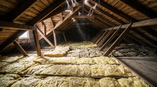 Vue en coupe de combles perdus montrant l'état de l'isolation en laine de verre avec différents niveaux de tassement