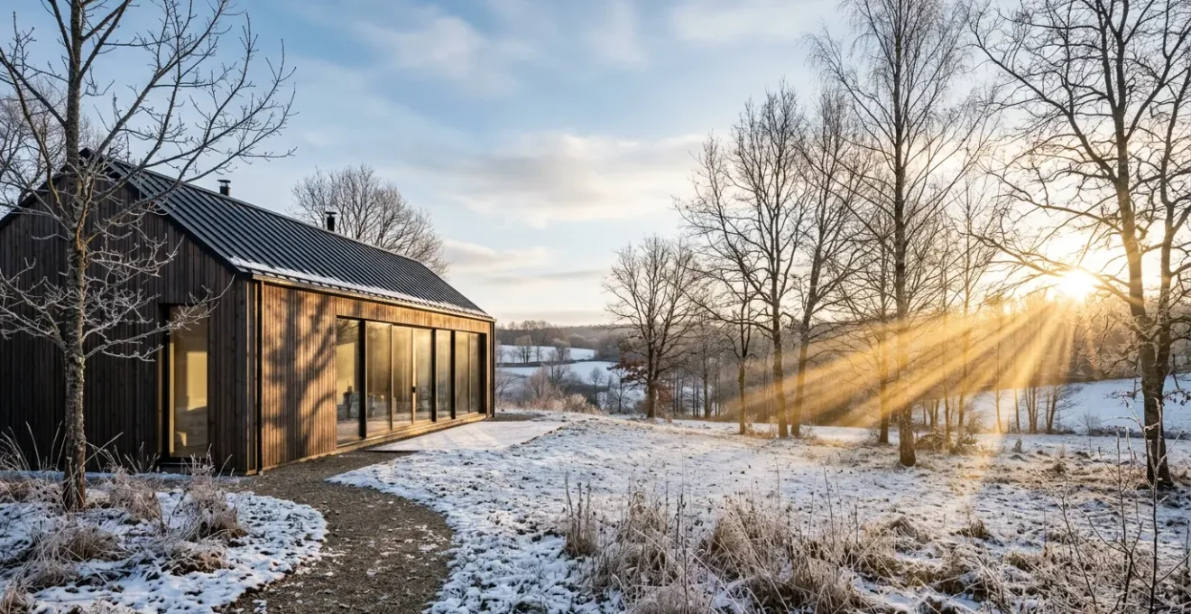 Maison contemporaine avec grandes baies vitrées orientées sud captant les rayons du soleil hivernal