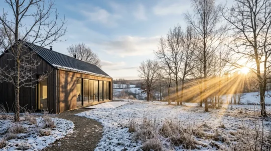 Maison contemporaine avec grandes baies vitrées orientées sud captant les rayons du soleil hivernal
