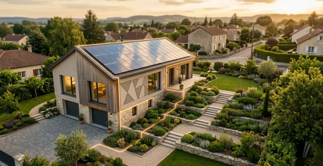 Vue aérienne d'une maison moderne équipée de panneaux solaires avec graphiques de performance énergétique en surimpression