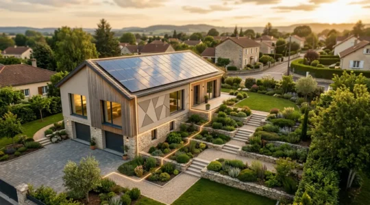 Vue aérienne d'une maison moderne équipée de panneaux solaires avec graphiques de performance énergétique en surimpression