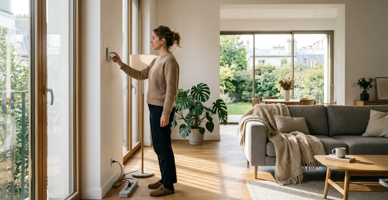 Intérieur moderne d'une maison française avec lumière naturelle et équipements économes en énergie