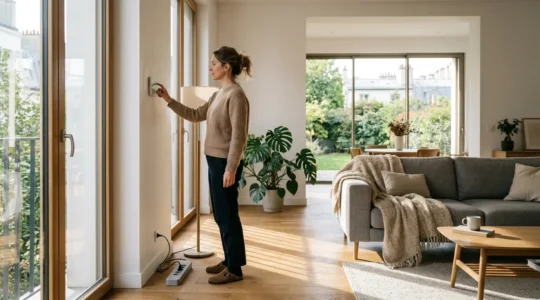 Intérieur moderne d'une maison française avec lumière naturelle et équipements économes en énergie