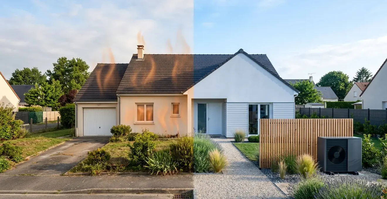 Maison moderne rénovée énergétiquement avec pompe à chaleur visible à l'extérieur