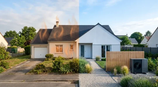 Maison moderne rénovée énergétiquement avec pompe à chaleur visible à l'extérieur