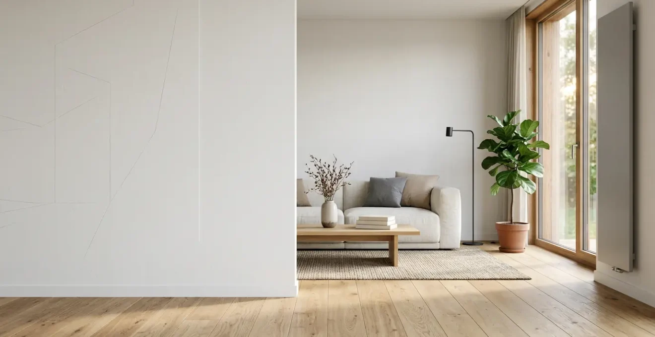Vue intérieure d'une maison moderne française avec système de chauffage connecté visible sur mur en arrière-plan flou et économies d'énergie représentées par lumière naturelle et ambiance économe