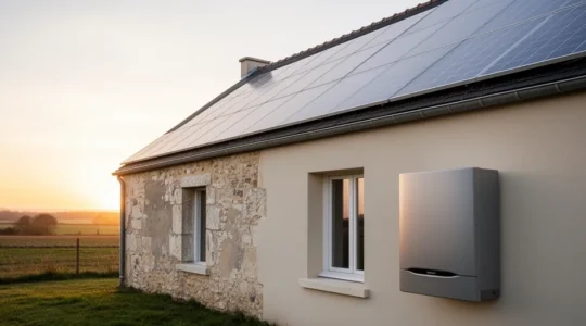 Maison française traditionnelle en cours de rénovation énergétique avec pompe à chaleur et panneaux solaires